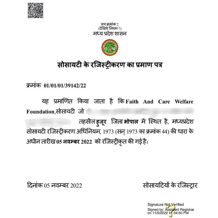 Faith and care Registeration Certificate